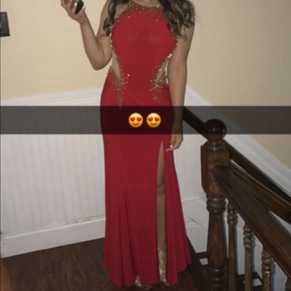 GLS Red With Gold Beads Long Prom Dress With Slit - Picture 14 of 14